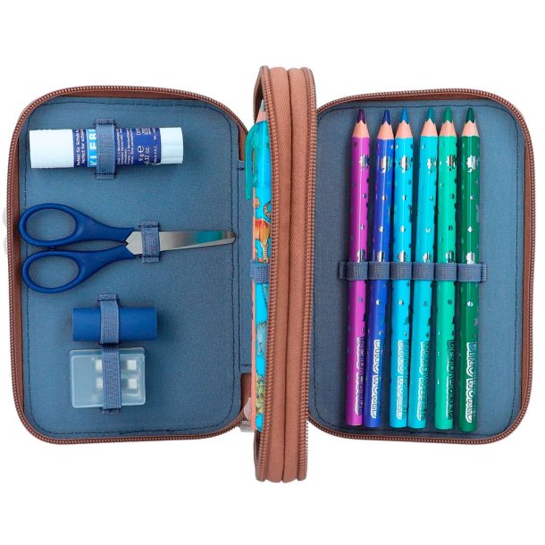 Dino World dubbel pennfodral med innehll - Brun