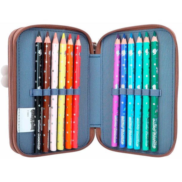 Dino World dubbel pennfodral med innehll - Brun