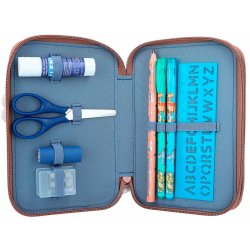 Dino World dubbel pennfodral med innehll - Brun