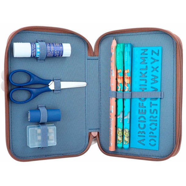 Dino World dubbel pennfodral med innehll - Brun