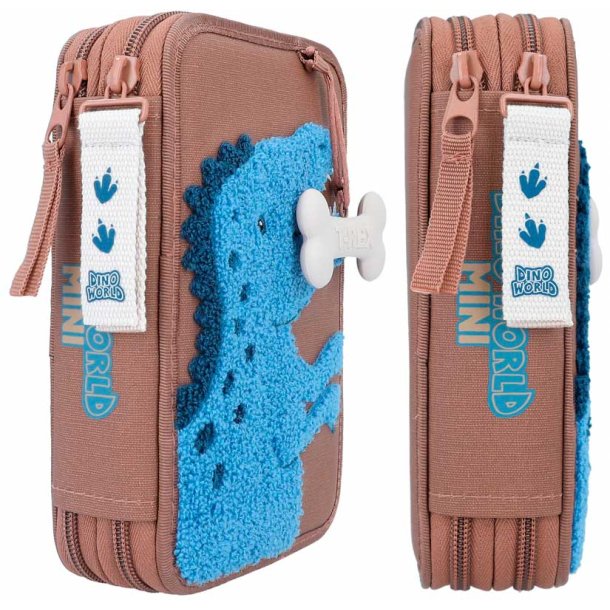 Dino World dubbel pennfodral med innehll - Brun