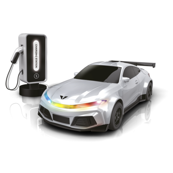 R/C elbil med ladestander  hvid sportsvogn