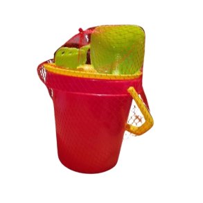 Plastikspand med en skovl og en rive