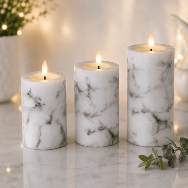 LED Bloklys Hvid Marmor 3-Pak med Fjernbetjening