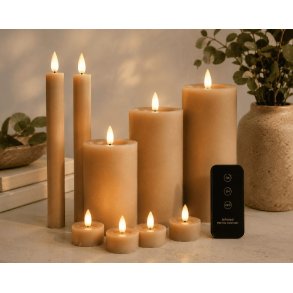 LED Lyss�t 10 Dele - Bloklys, Kronelys, Fyrfadslys, Sand, inkl. Fjernbetjening
