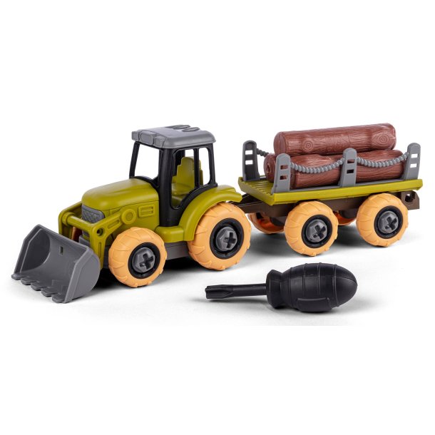 Bull take apart traktor og vogn med trstammer