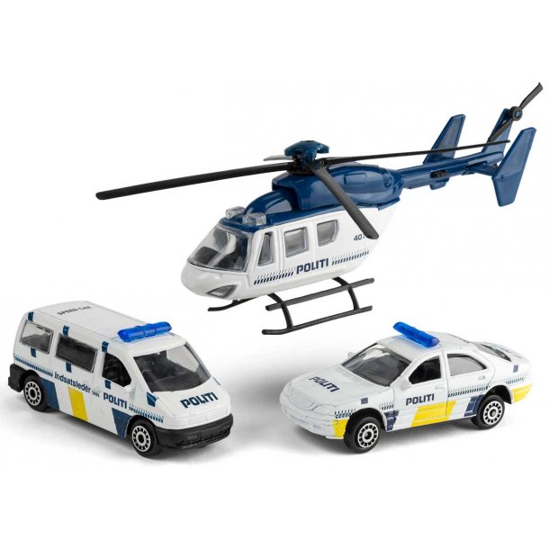 Politibiler og helikopter i metal