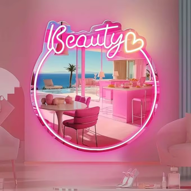Neon Spejl - Personligt Vanity V�gspejl med Neon Lys og Akryl Design