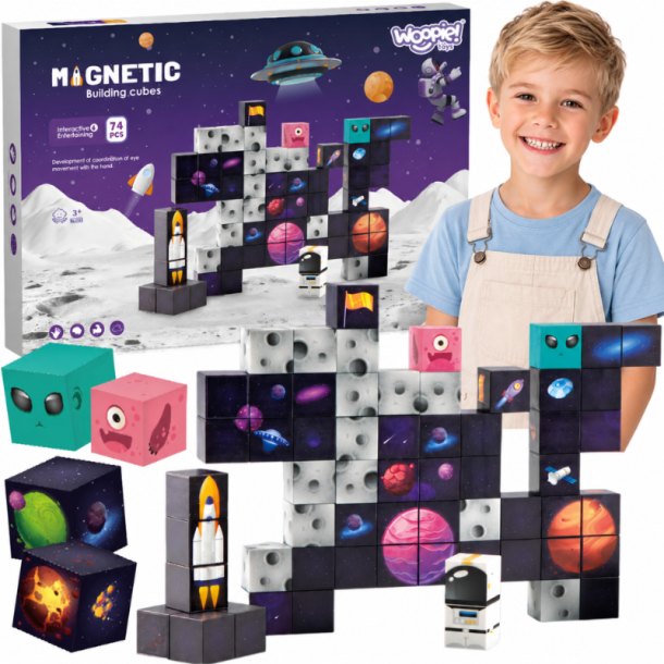 WOOPIE Magnetiske Byggeklodser m/ 74 Dele - Rumtema med Raket &amp; UFO