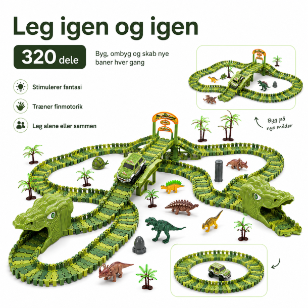 Stor dinosaur-racerbana med 2 bilar - 320 delar