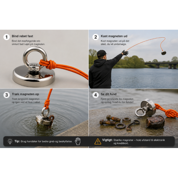Fiskemagnet S�t 80 kg Tr�kkraft med 20 meter Reb og Handsker