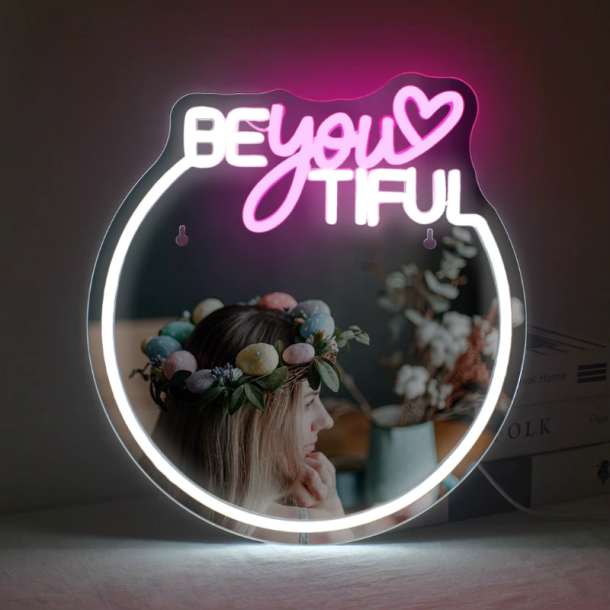 Neon Spejl - Personligt Vanity V�gspejl med Neon Lys og Akryl Design