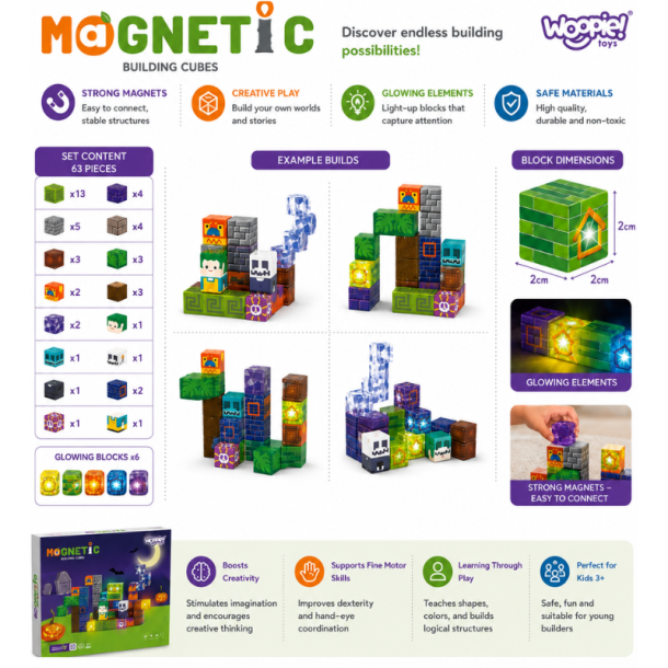 WOOPIE Magnetiske Byggeklodser m/ 63 Dele - Glowning Halloween