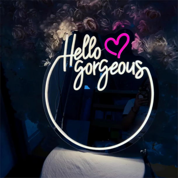 Neon Spejl - Personligt Vanity V�gspejl med Neon Lys og Akryl Design