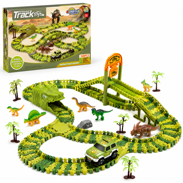 Dinosaur-racerbane med bil og figurer - 168 banedele