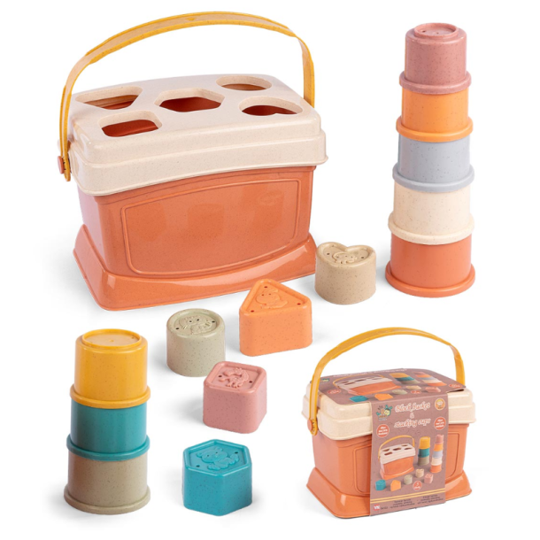 Stabelkopper og formspil med 5 klodser og opbevaring