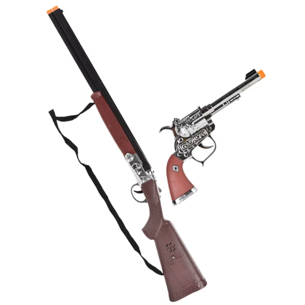 Cowboy-leget�jss�t med gev�r, revolver og tilbeh�r