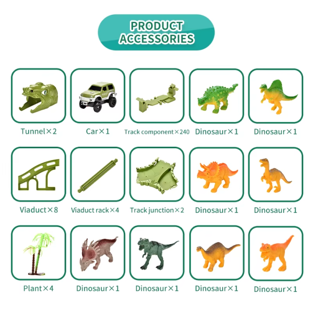 Dinosaur-racerbane med bil og figurer - 240 dele