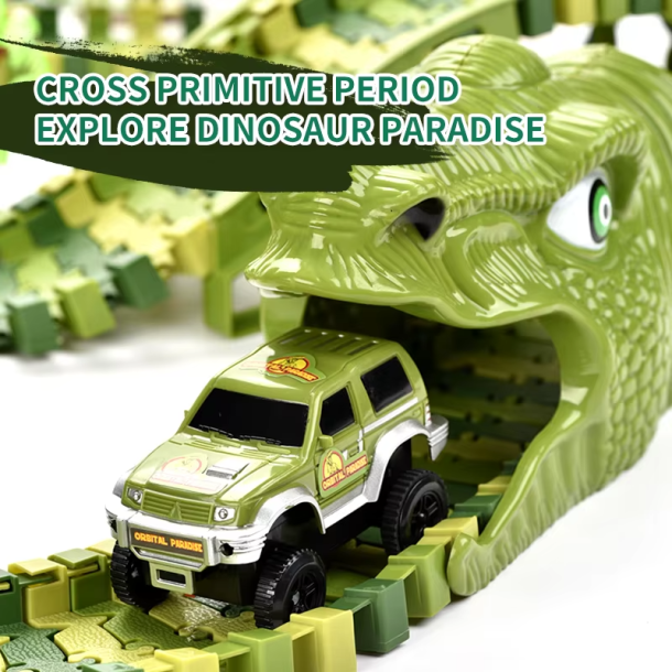 Dinosaur-racerbane med bil og figurer - 240 dele