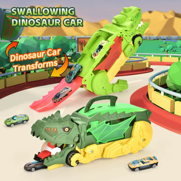 Dinosaur-lastbil med bilbane og 3 metalbiler