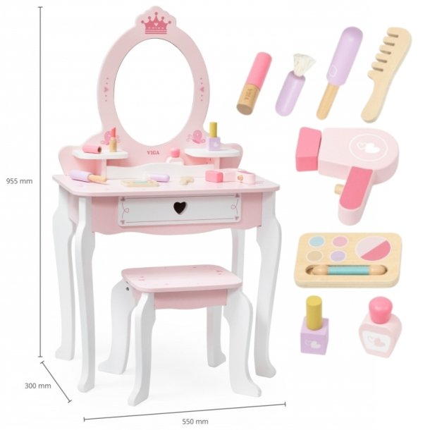 VIGA Stort Sminkebord i Tr med Spejl og Stol  Lyserd (fra 3 r)