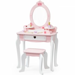 VIGA Stort Sminkbord i Tr med Spegel och Stol  Rosa (frn 3 r)