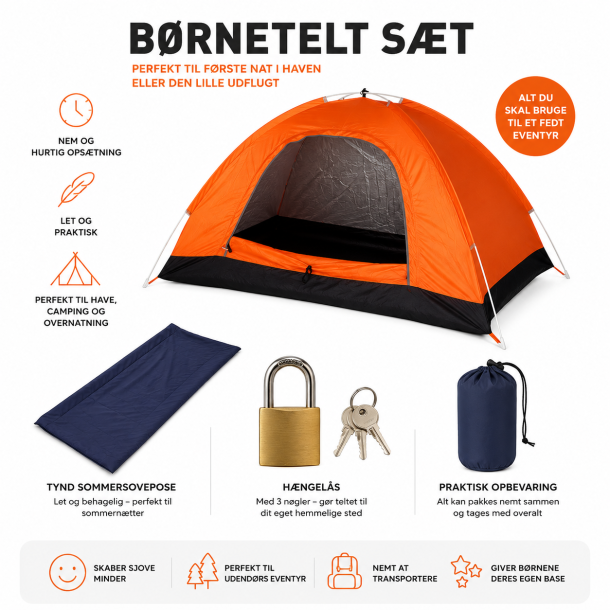 B�rnetelt til Haven med Sovepose &amp; H�ngel�s � Perfekt til Overnatning og Eventyr