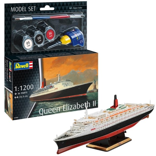 Revell Model Set Queen Elizabeth II - 1:1200 Modelskib med lim og grundmaling
