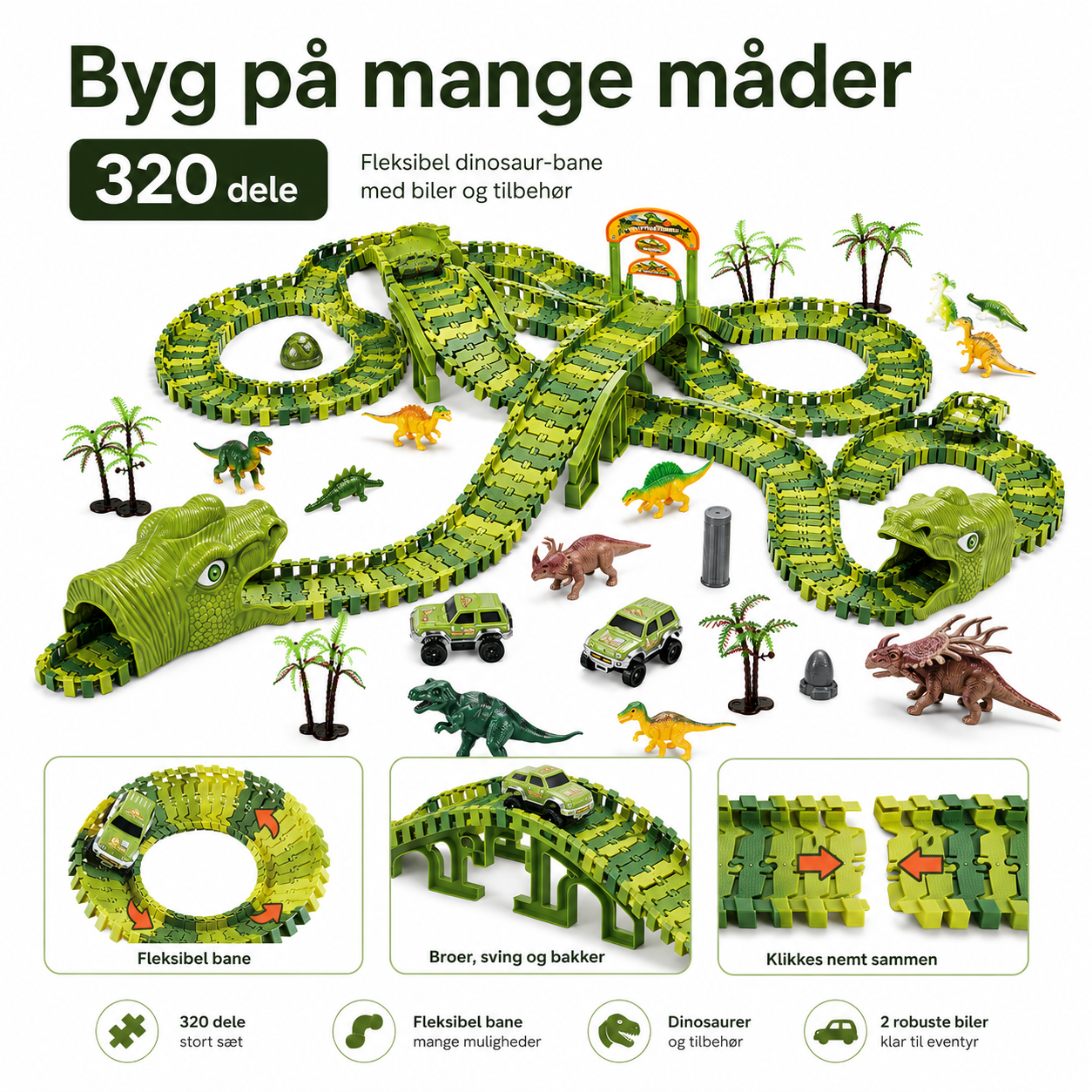 Stor dinosaur-racerbane med 2 biler - 320 dele