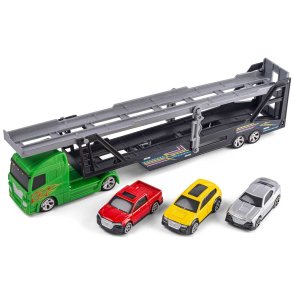 Lastbil med 3 biler p ladet.