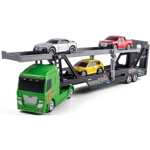 Lastbil med 3 biler p ladet.